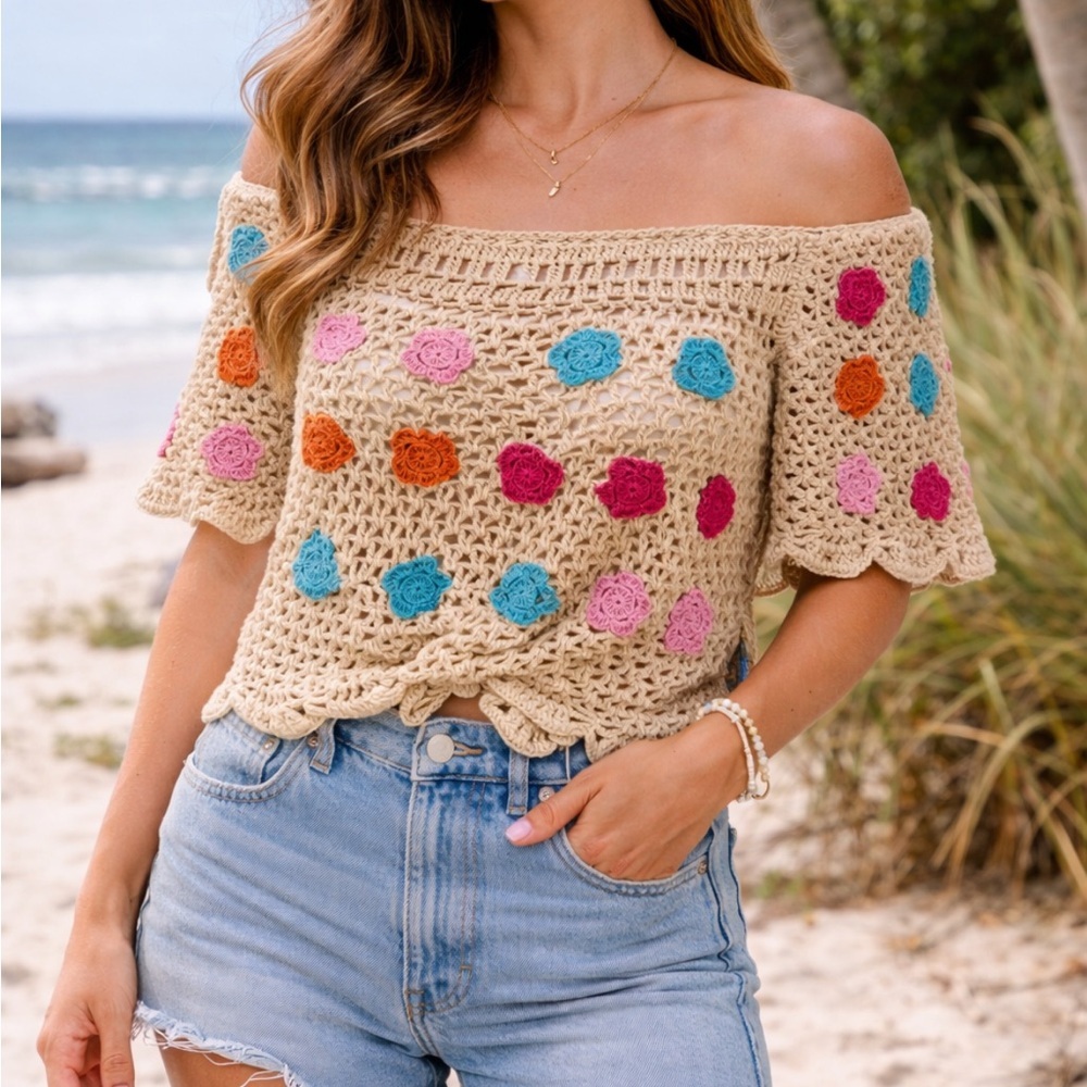 Colorful Crochet Off-Shoulder Sweater